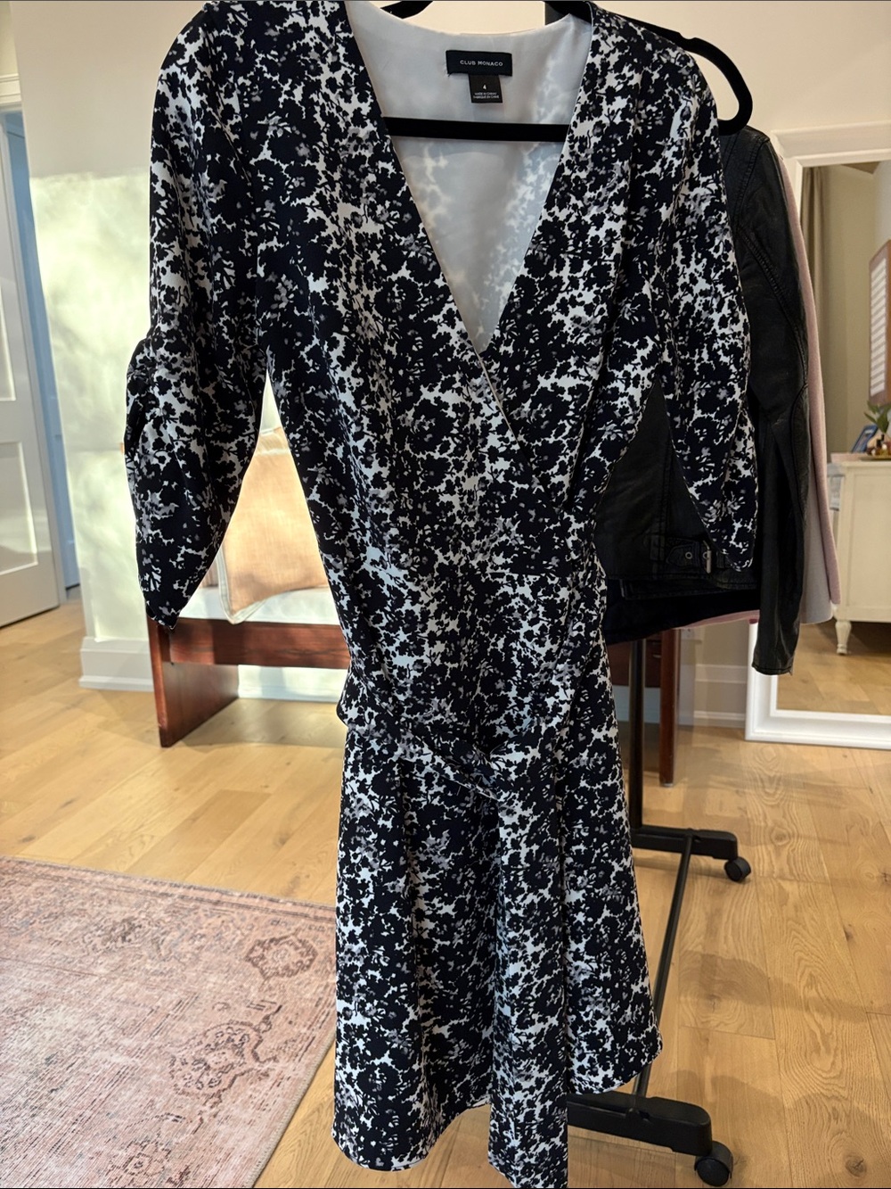 Club Monaco Black & White Floral-Print Wrap Midi Dress